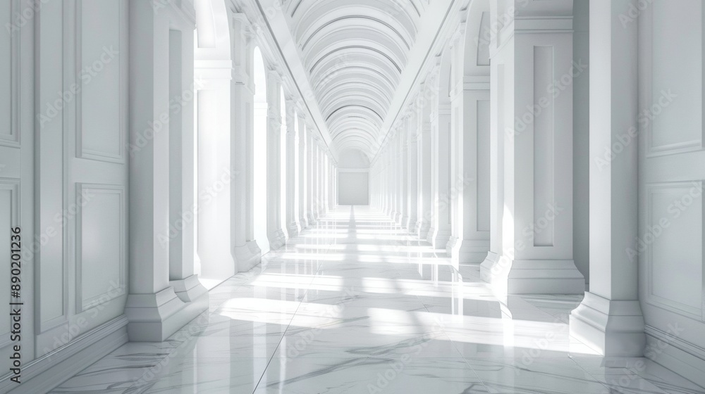 A long, narrow hallway with white pillars and a white floor A long, narrow hallway with white pillars and a white floor