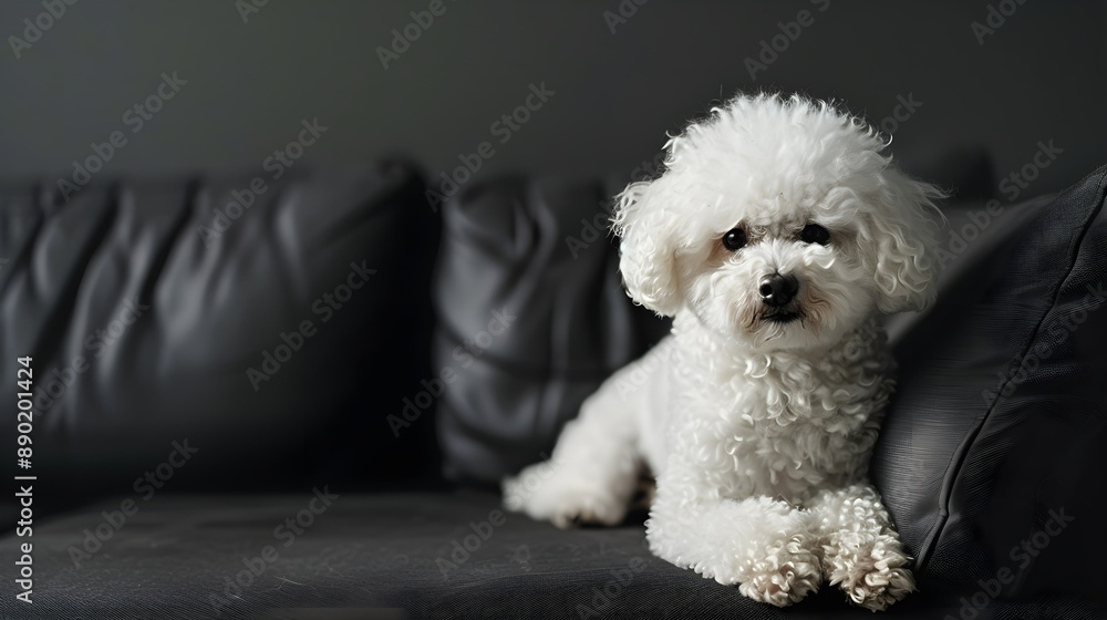 Adorable bichon frise sitting peacefully on sleek black couch at home. Adorable bichon frise sitting peacefully on sleek black couch at home.