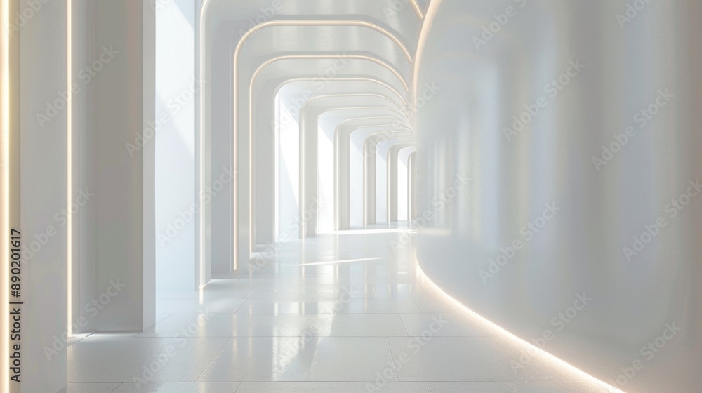 A long, narrow hallway with white walls and white floors A long, narrow hallway with white walls and white floors