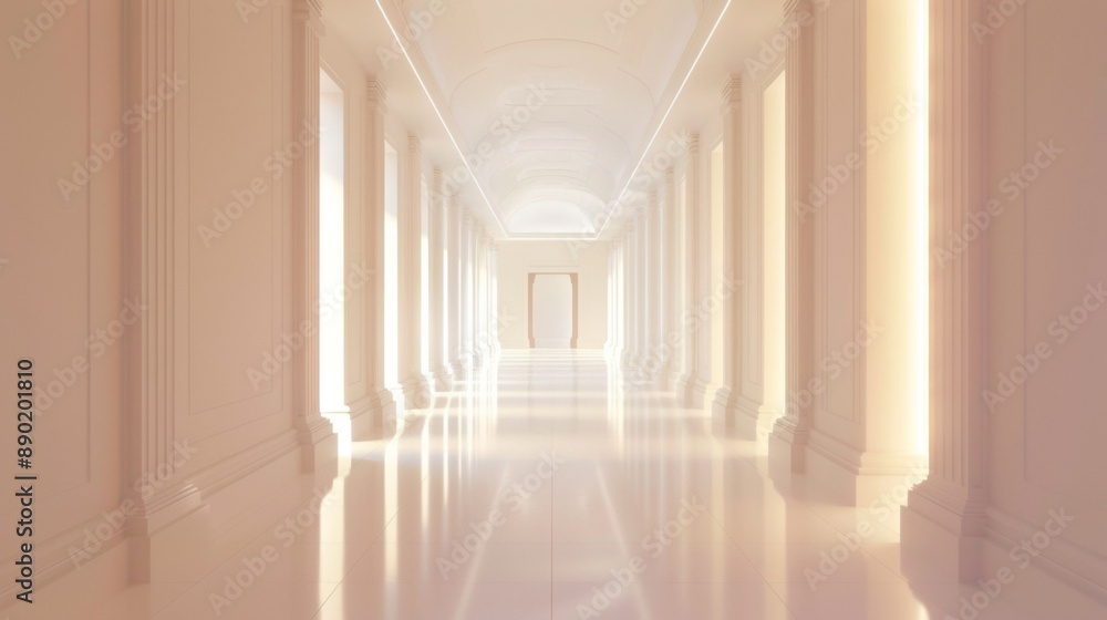 A long, narrow hallway with white pillars and a white floor A long, narrow hallway with white pillars and a white floor