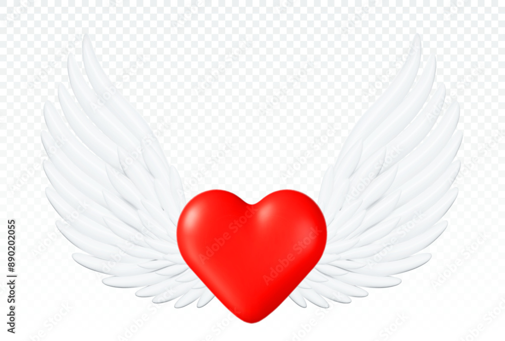 3d realistic detailed white angel wings and red heart. Stock vector illustration on black isolated background. 3d realistic detailed white angel wings and red heart. Stock vector illustration on black isolated background.