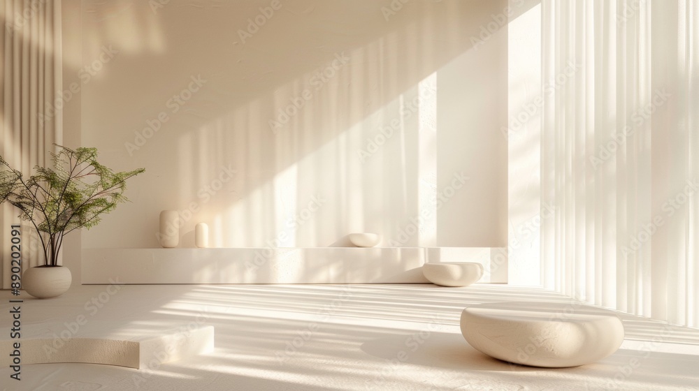 A white room with a plant and a few small white rocks A white room with a plant and a few small white rocks