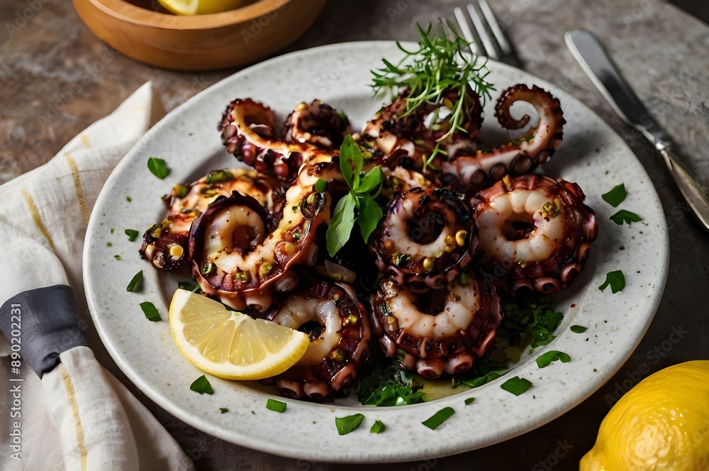 Mediterranean grilled octopus with lemon. Mediterranean grilled octopus with lemon.
