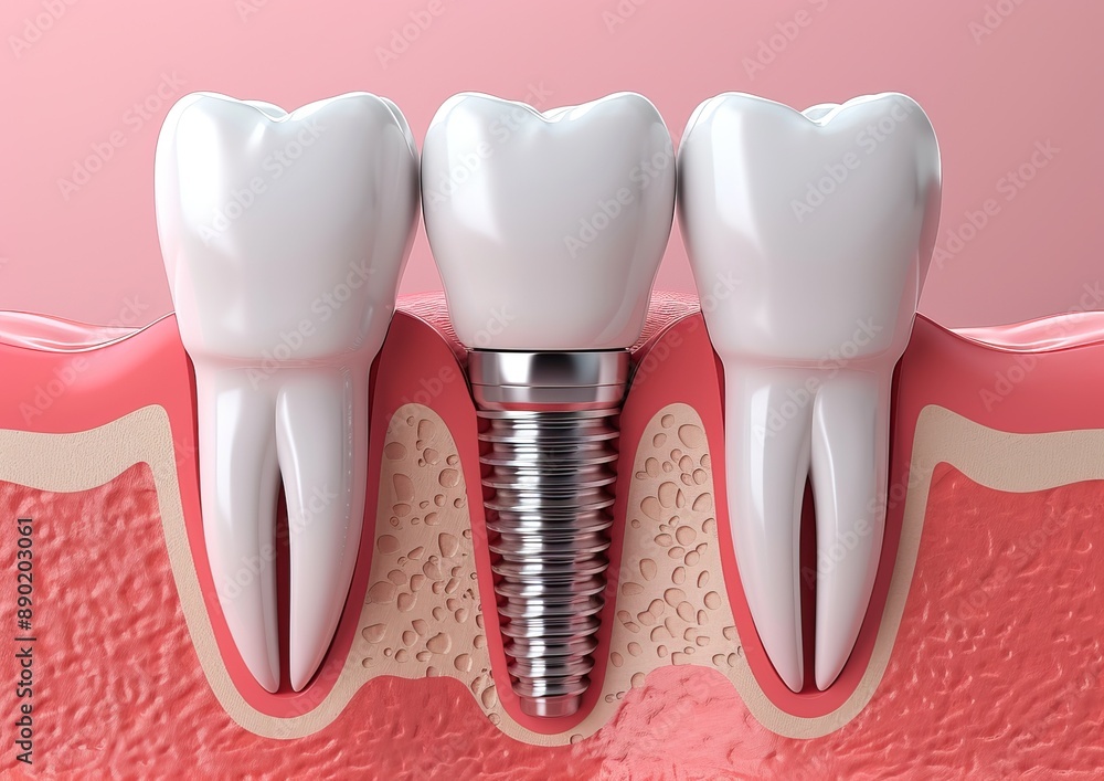 Illustration of a dental implant between two natural teeth, showing the implant embedded in the jawbone. Illustration of a dental implant between two natural teeth, showing the implant embedded in the jawbone.