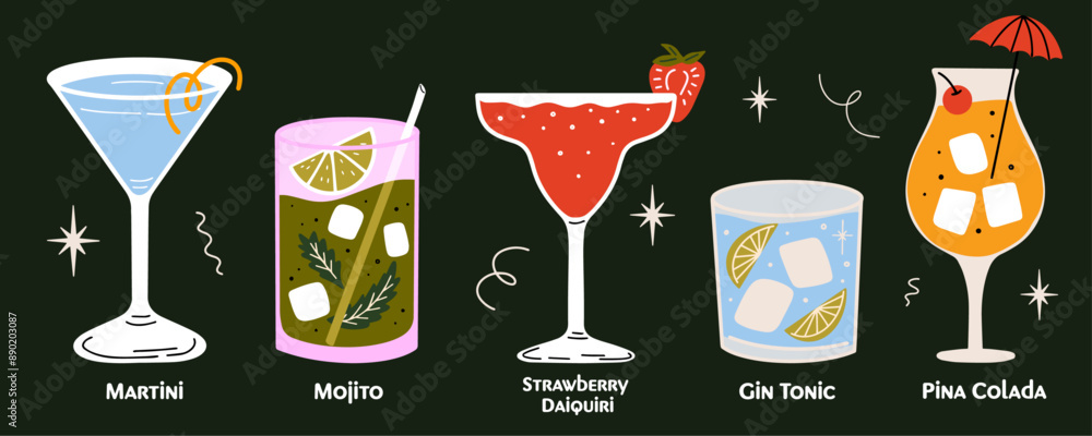 © WeirdyTales - Classical alcohol cocktails vector illustrations set cartoon retro groovy funky style. Collection of various summer fancy drinks in different shapes glasses. Daiquiri, Martini, Gin Tonic, Mojito