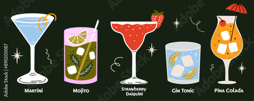 Classical alcohol cocktails vector illustrations set cartoon retro groovy funky style. Collection of various summer fancy drinks in different shapes glasses. Daiquiri, Martini, Gin Tonic, Mojito