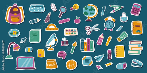 Childrens school collection stickers. Childrens school elements set. Back to school concept. School set.