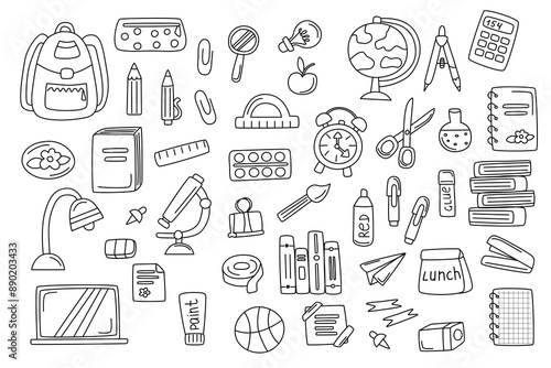 Back to school doodle. Childrens school collection. Stationery elements set. Back to school concept. 