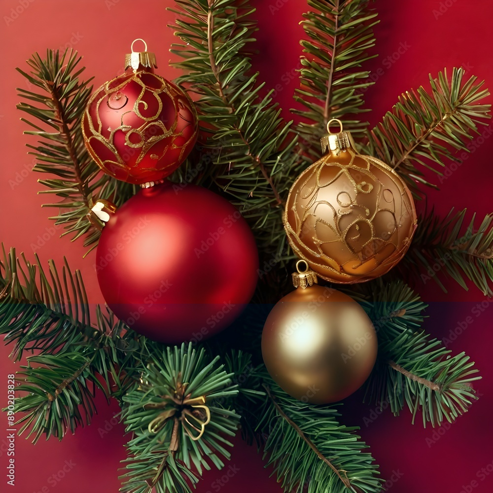 flat lay with pine tree branches with red and golden christmas balls isolated on red Gerenative AI flat lay with pine tree branches with red and golden christmas balls isolated on red Gerenative AI