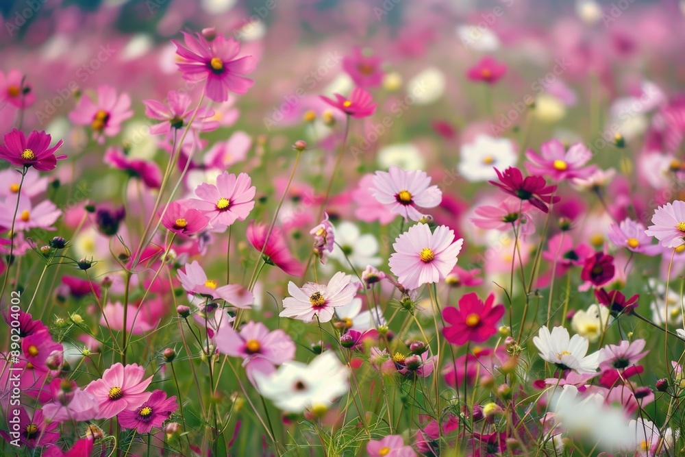 Flower Fields. Pink Cosmos in Wild Field of White Blossoms Flower Fields. Pink Cosmos in Wild Field of White Blossoms