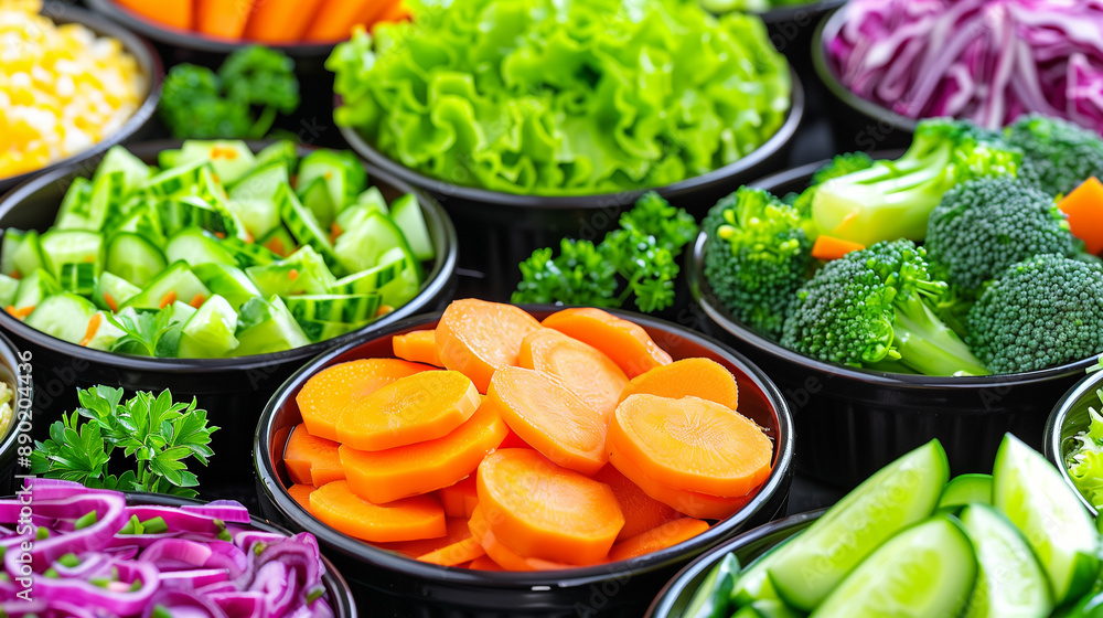A variety of vegetables are displayed in bowls, including carrots, broccoli A variety of vegetables are displayed in bowls, including carrots, broccoli