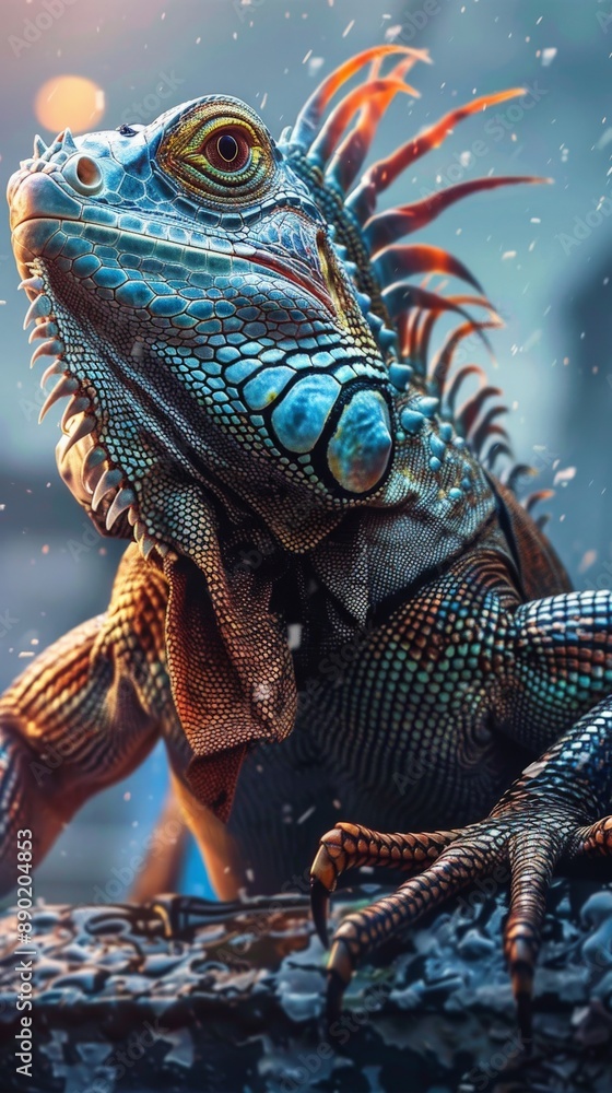 Green iguana with blue and orange pattern gazes curiously Green iguana with blue and orange pattern gazes curiously
