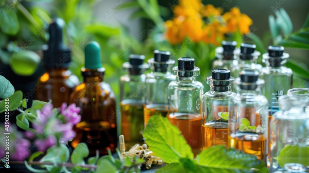 Closeup of dropper bottle with essential oil on wooden table with blurred green plant background Closeup of dropper bottle with essential oil on wooden table with blurred green plant background