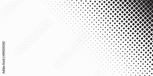 Halftone pixelated gradient background. Faded square particles texture. Dissolving grunge noise wallpaper. Black dots, speckles, pixels, specks wallpaper. Horizontal gritty vector