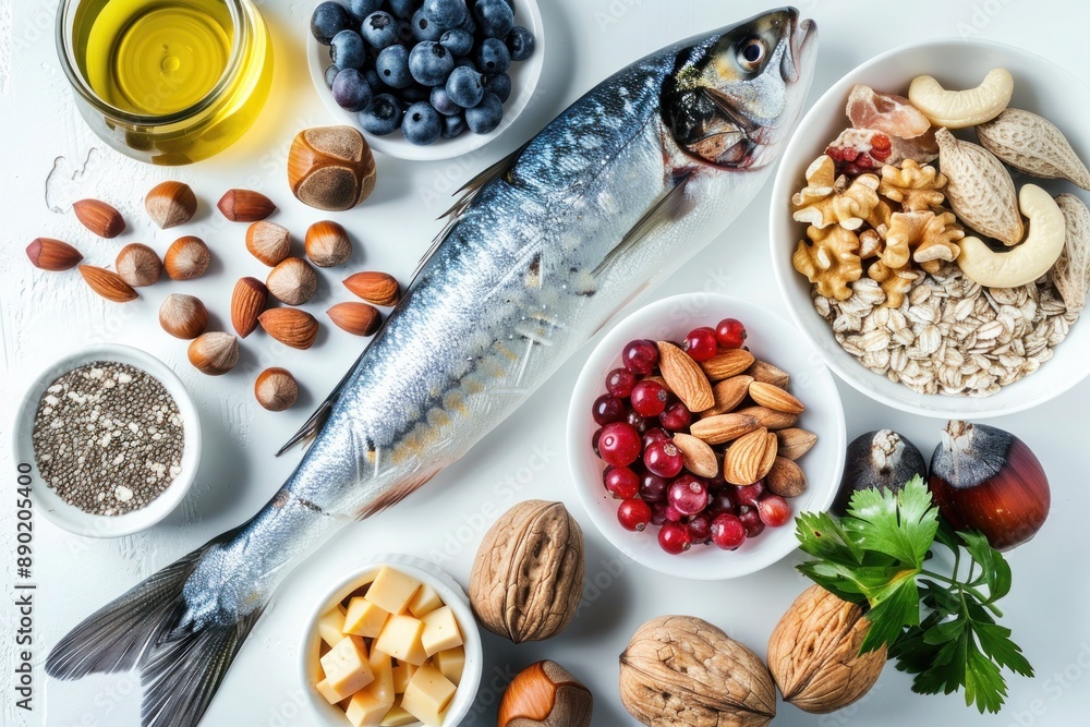 foods like fatty fish, nuts, and berries that promote circulatory health on a pure white background. foods like fatty fish, nuts, and berries that promote circulatory health on a pure white background.