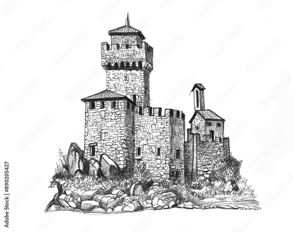Medieval castle. Hand drawing sketch. Illustration jpg Medieval castle. Hand drawing sketch. Illustration jpg