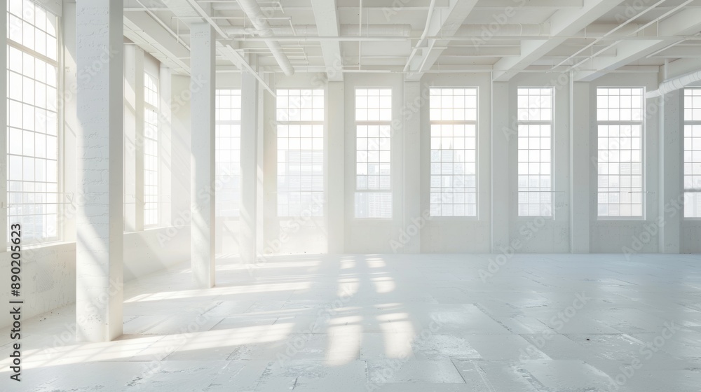 A large, empty room with white walls and windows A large, empty room with white walls and windows