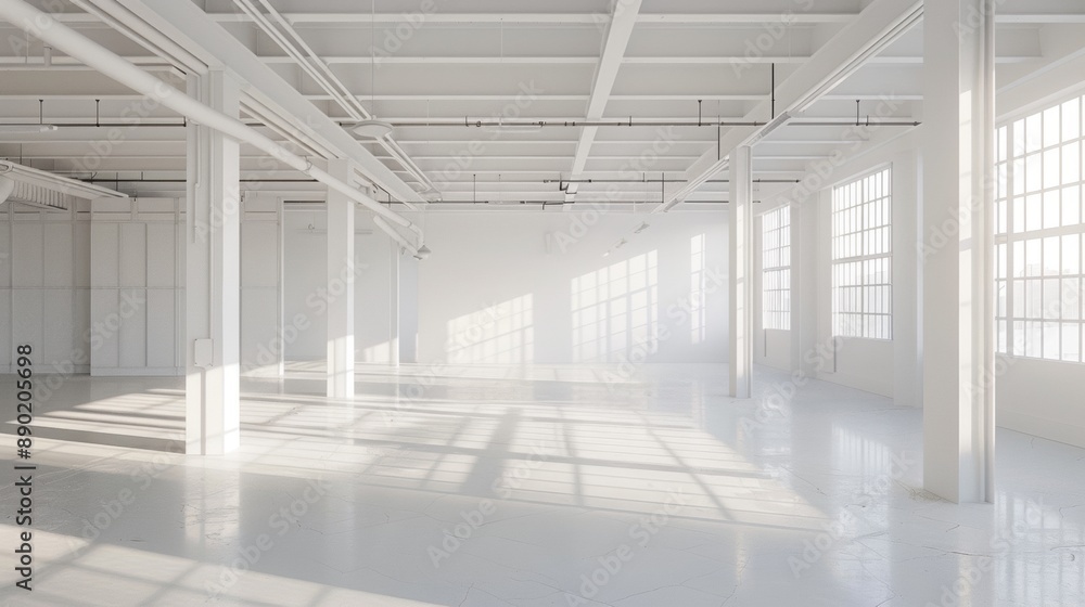 A large, empty white room with a lot of windows A large, empty white room with a lot of windows