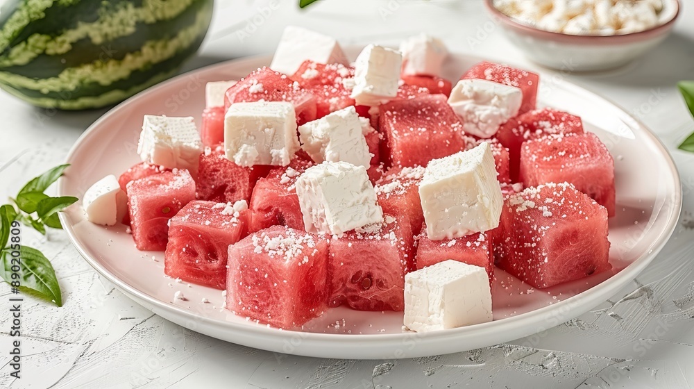 Watermelon and Feta Salad on White Plate Watermelon and Feta Salad on White Plate