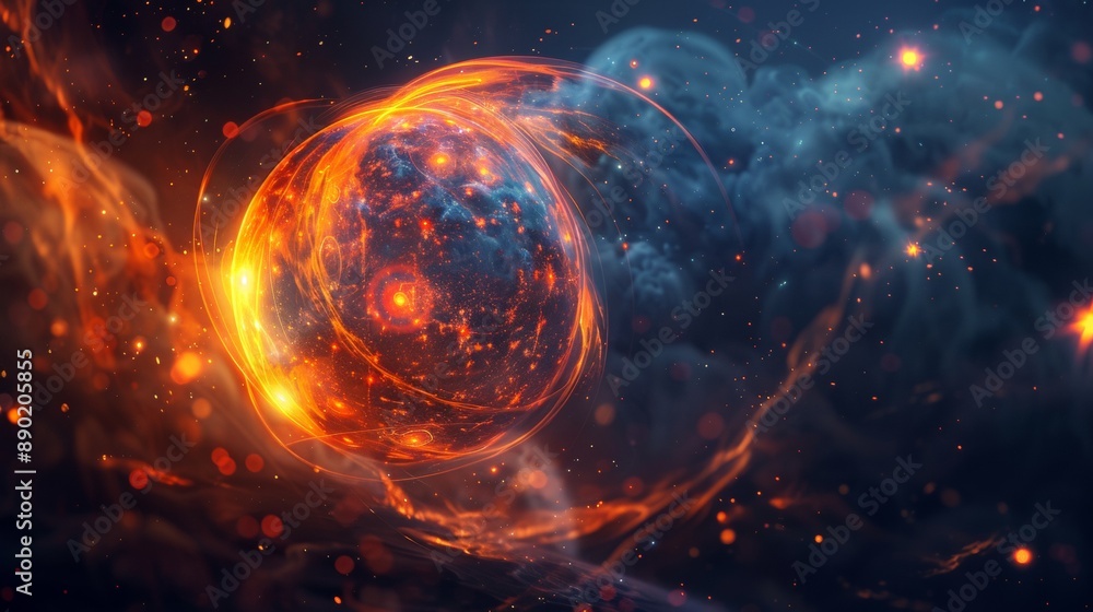 Obraz premium A glowing orange ball in space with a blue background