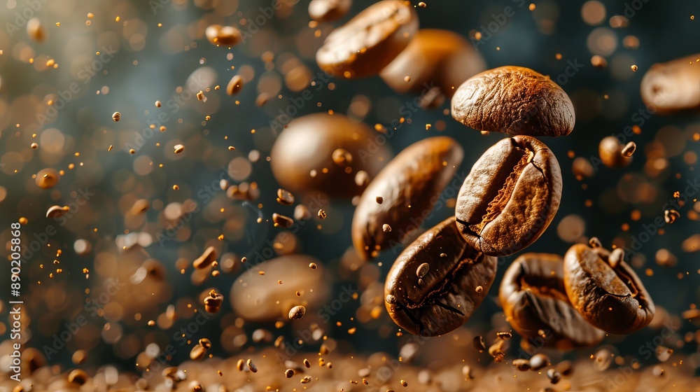 Roasted Coffee Beans Falling Against a Dark Background Roasted Coffee Beans Falling Against a Dark Background