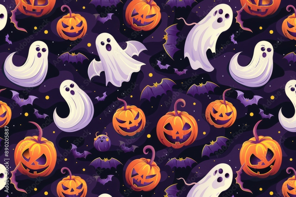 Seamless pattern background for Halloween, with pumpkins, ghosts and bats Seamless pattern background for Halloween, with pumpkins, ghosts and bats