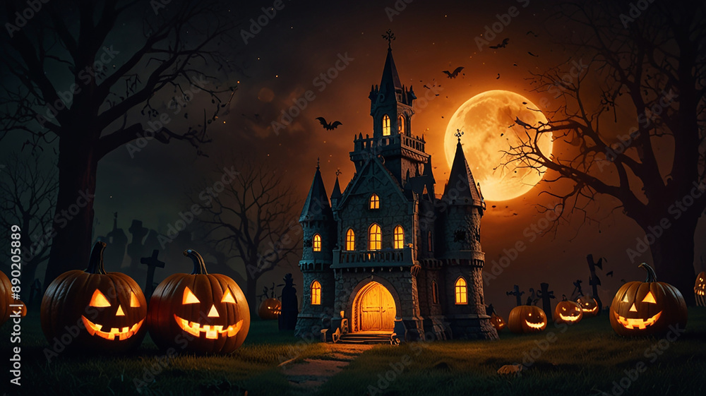Halloween night scene background with castle with halloween pumpkin within flames in the graveyard and bats in the night Halloween night scene background with castle with halloween pumpkin within flames in the graveyard and bats in the night