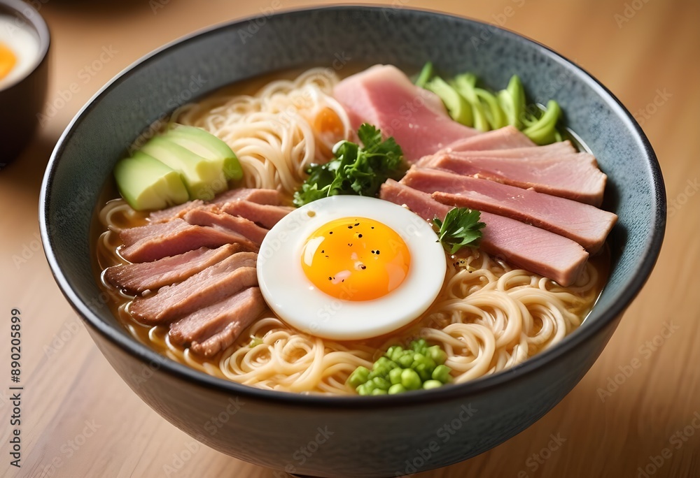 Dinner meal. Pasta served with egg, meat and vegetables in a white bowl Dinner meal. Pasta served with egg, meat and vegetables in a white bowl