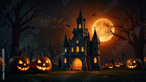 Halloween night scene background with castle with halloween pumpkin within flames in the graveyard and bats in the night