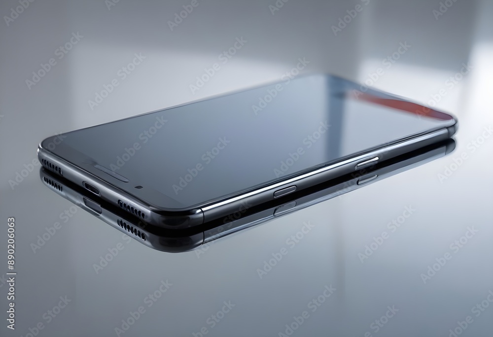 Modern telephone, smartphone lying on a white glass tabletop, mockup