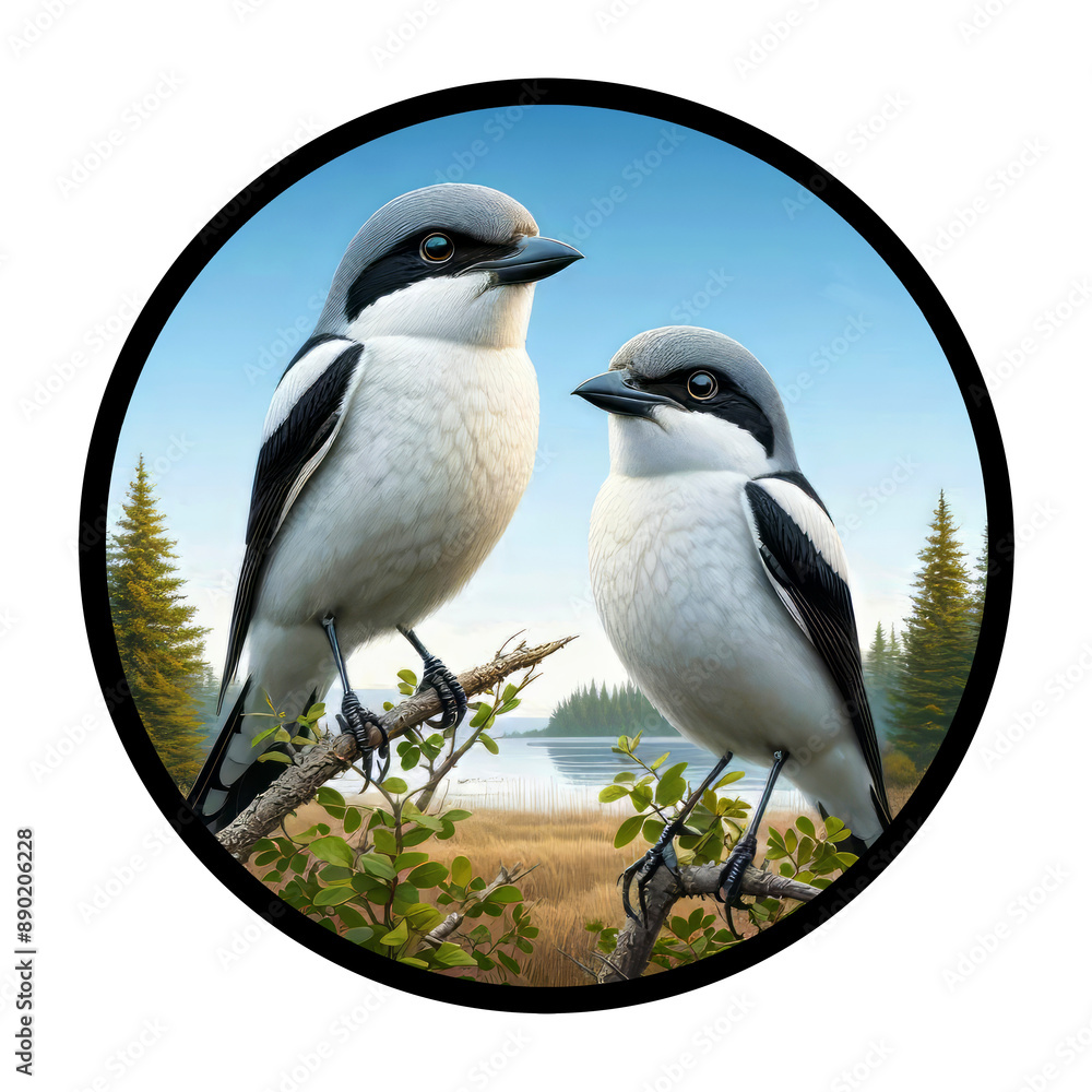 Obraz premium A circular 3D rendered watercolor painting of a male and female Loggerhead Shrike, perched on a tree branch, isolated on a transparent background