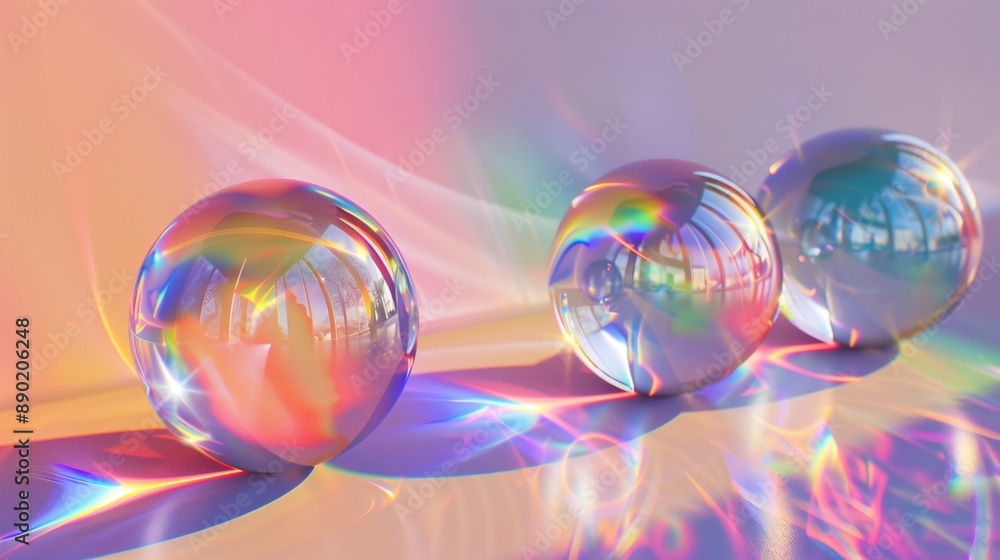 Three glass spheres are reflected in a light, creating a rainbow effect Three glass spheres are reflected in a light, creating a rainbow effect