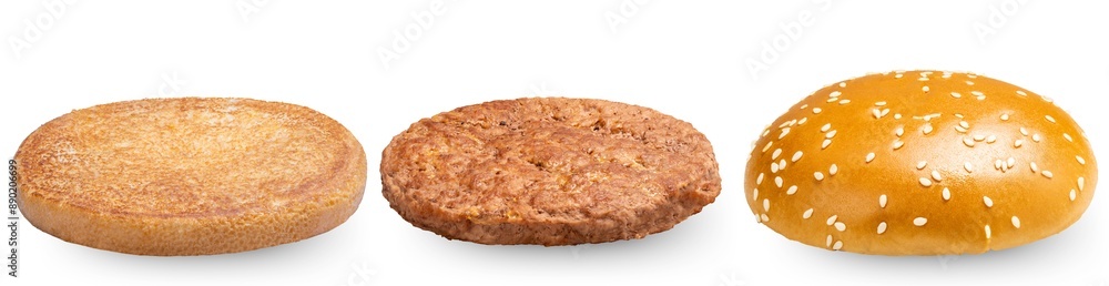 Set of hamburgers Separate bread and meat isolate on white with clipping path. Set of hamburgers Separate bread and meat isolate on white with clipping path.