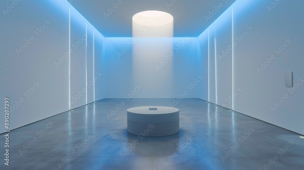 A large room with a blue light shining on a round stone object A large room with a blue light shining on a round stone object