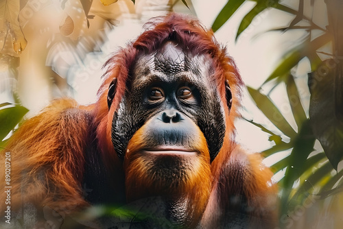 A curious orangutan with striking long red hair, posing in a natural habitat photo