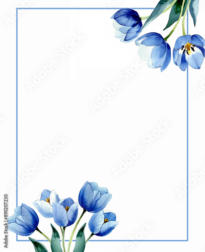 frame of  tulip for card design with copy space for your text, frame with blue flowers