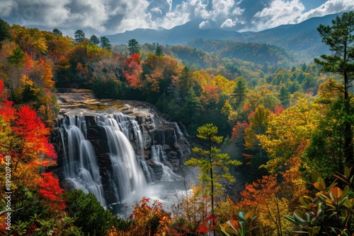 Waterfall Landscape. Upper Catawba Falls in North Carolina Mountain Forest photo