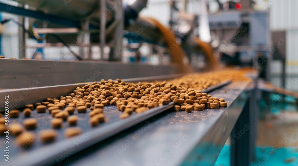 A conveyor belt is filled with dog food A conveyor belt is filled with dog food