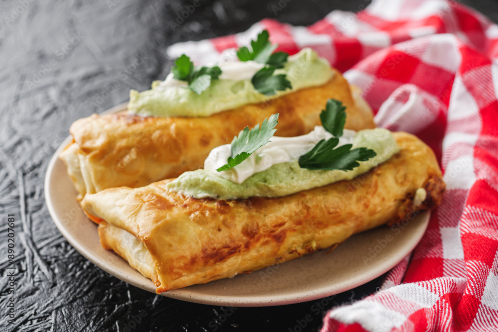 set of delicious fresh colorful deep-fried chimichanga on a dark background set of delicious fresh colorful deep-fried chimichanga on a dark background