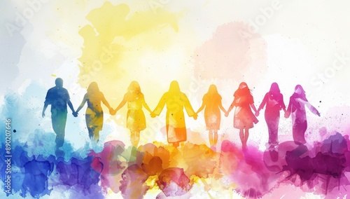 A group of diverse people holding hands with Jesus Christ. Digital watercolor painting artwork, illustration.