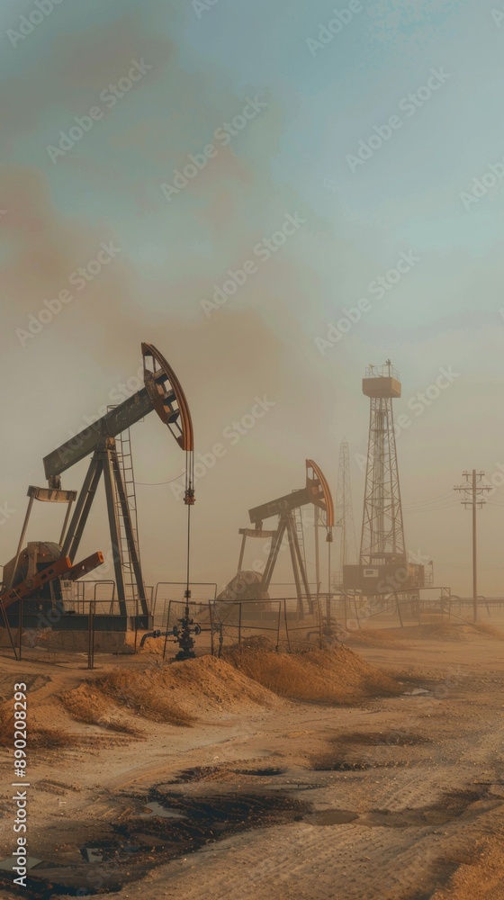 A desolate desert scene with three oil wells and a power plant A desolate desert scene with three oil wells and a power plant