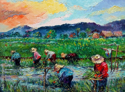 hand painted  original impressionism art painting oil color thailand grow rice and siam land of smiles	