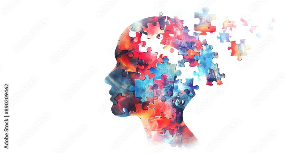 Alzheimer, dementia, epilepsy and autism concept. Neurological disease with memory loss and confused mind. Silhouette of a human head made of colorful jigsaw puzzle pieces. Mental health awareness. Alzheimer, dementia, epilepsy and autism concept. Neurological disease with memory loss and confused mind. Silhouette of a human head made of colorful jigsaw puzzle pieces. Mental health awareness.