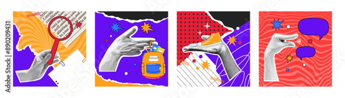 Set of posters in halftone style. Back to school. Supply. Autumn holiday. Trendy modern template. Collage of y2k. Torn paper. Business. Training and knowledge. Effect. Funky punk. Stickers. Elements