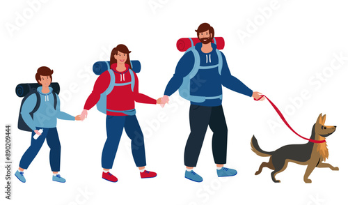 Happy family with dog hiking through forest in nature, flat vector illustration isolated on white background. People with backpacks and sleeping bag hold trekking. Horizontal Banner. Web banner design