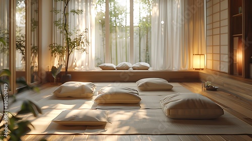 Sunlit minimalist meditation space with a mat, a few cushions, and soft, natural lighting. photo