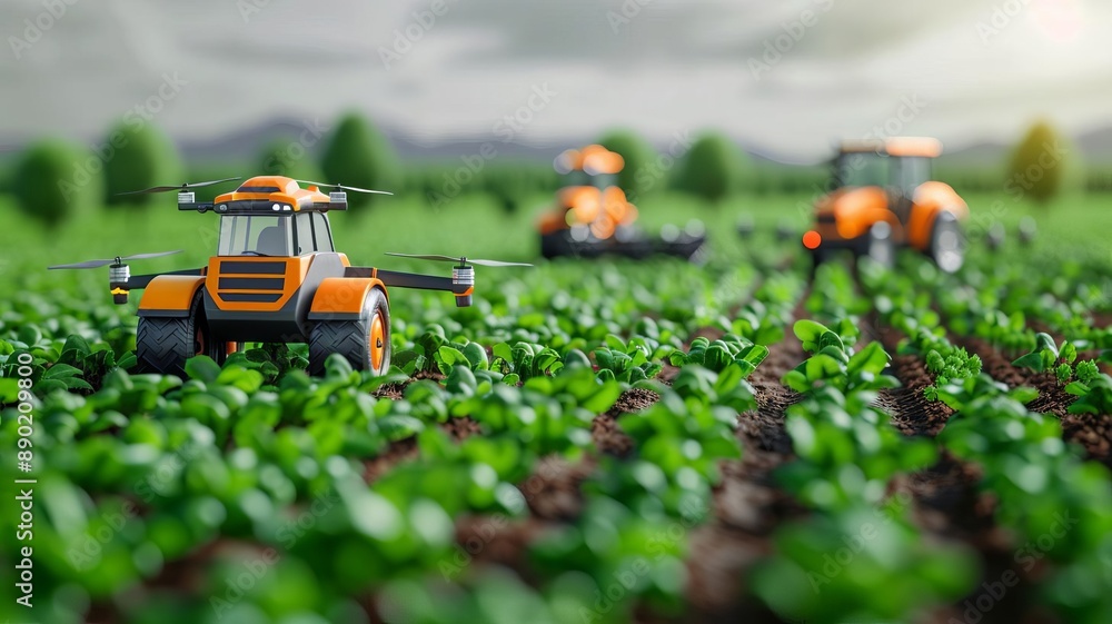 a futuristic farm with automated tractors and drones monitoring crops, field of dept deep odject, all cover focus text, for spacecopy a futuristic farm with automated tractors and drones monitoring crops, field of dept deep odject, all cover focus text, for spacecopy