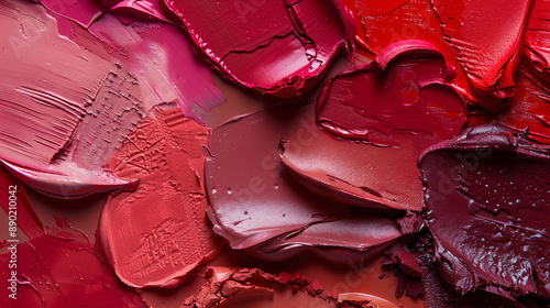 Background featuring close-up of smeared pink and red lipstick swatches in various shades and textures