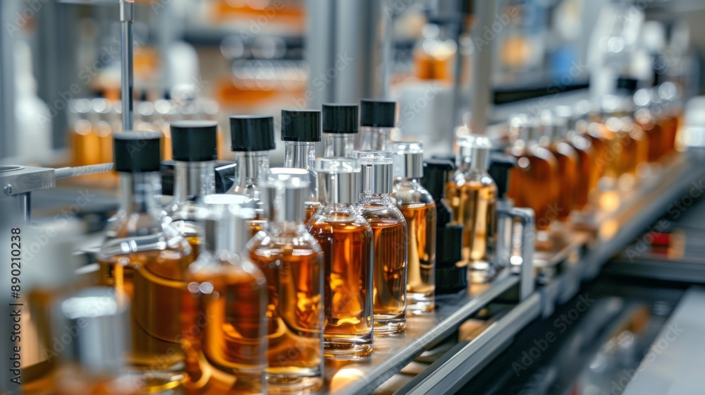 A row of liquor bottles are lined up on a conveyor belt A row of liquor bottles are lined up on a conveyor belt