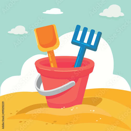 Red baby bucket with shovel and rake in the sandbox  vector illustration  flat  design element
